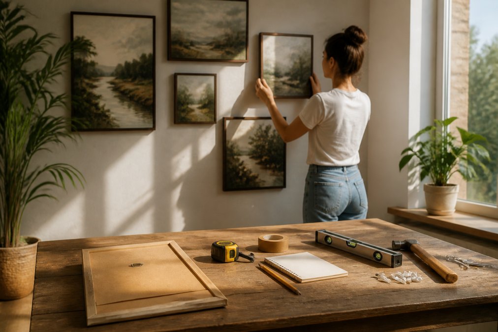 Gallery wall of impressionistic nature art in a bright living room with a low-profile sofa and warm sunlight