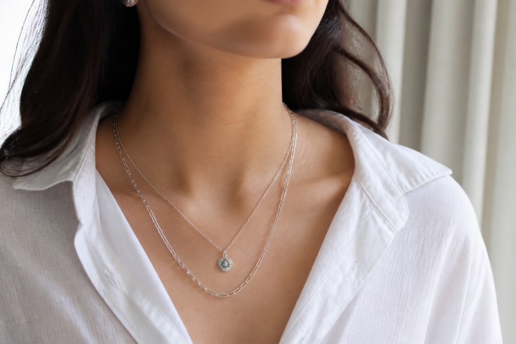 Layered silver chain necklace styling with a white shirt for Indian jewellery western outfits look