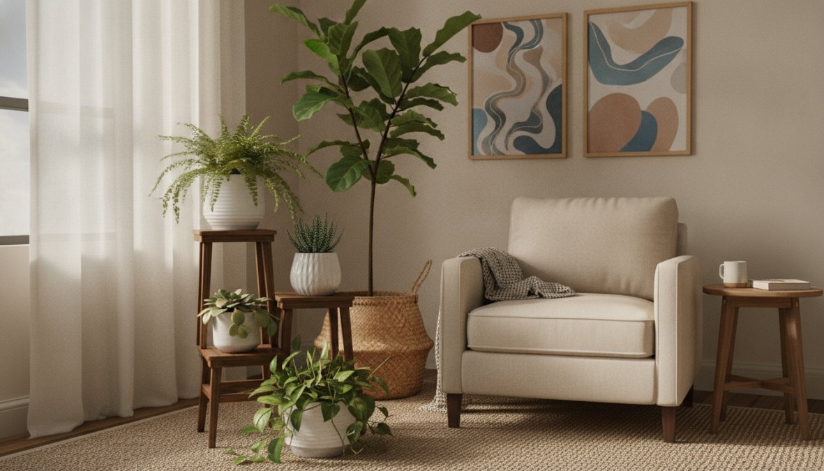 Professional illustration showing how to style indoor plants in your apartment