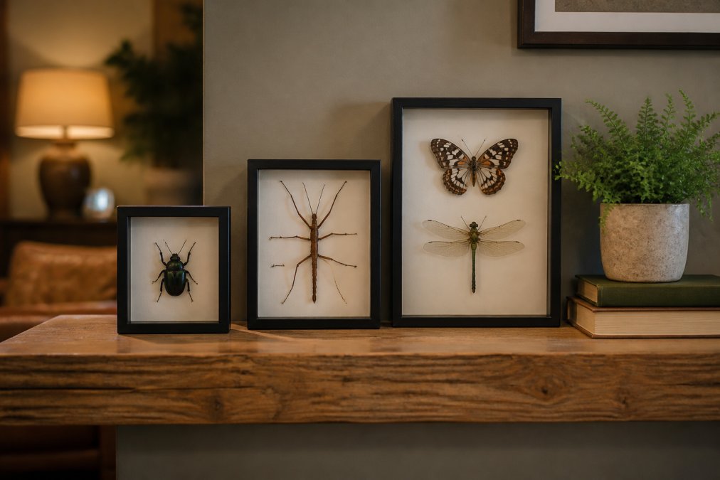 A styled wooden shelf holding three insect shadowboxes of varying sizes, a small potted plant, and a stack of books, lit by warm ambient light in a cosy living room
