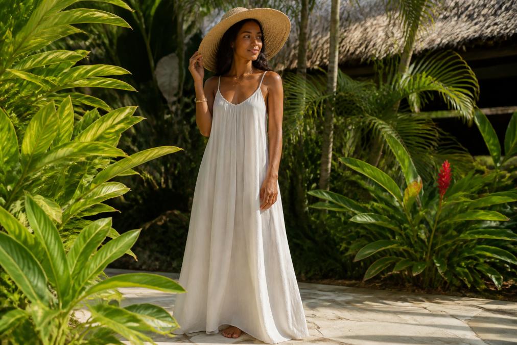 Woman wearing a flowy linen maxi dress with a wide-brimmed hat, standing in natural sunlight with tropical plants in the background, showcasing relaxed island style