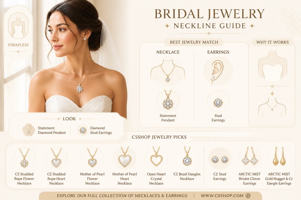 Bride wearing a strapless wedding dress with delicate skin showing, adorned with a statement diamond pendant necklace and small diamond stud earrings, photographed in natural window light