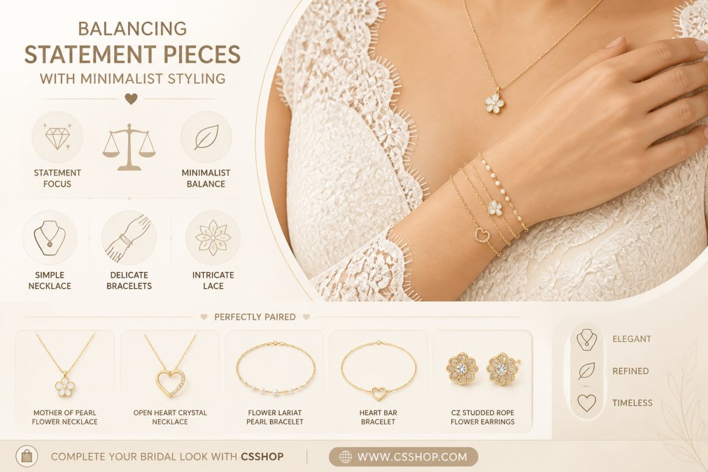 Close-up of bride's hand and wrist showing delicate layered bracelets and a simple pendant against intricate lace wedding dress detail, with soft natural light highlighting the jewelry