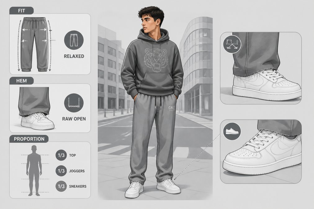 A young man wearing relaxed-fit joggers with a raw open hem paired with clean low-top white sneakers, standing on an urban street in a modern UK city setting, full-length shot showing the complete outfit silhouette