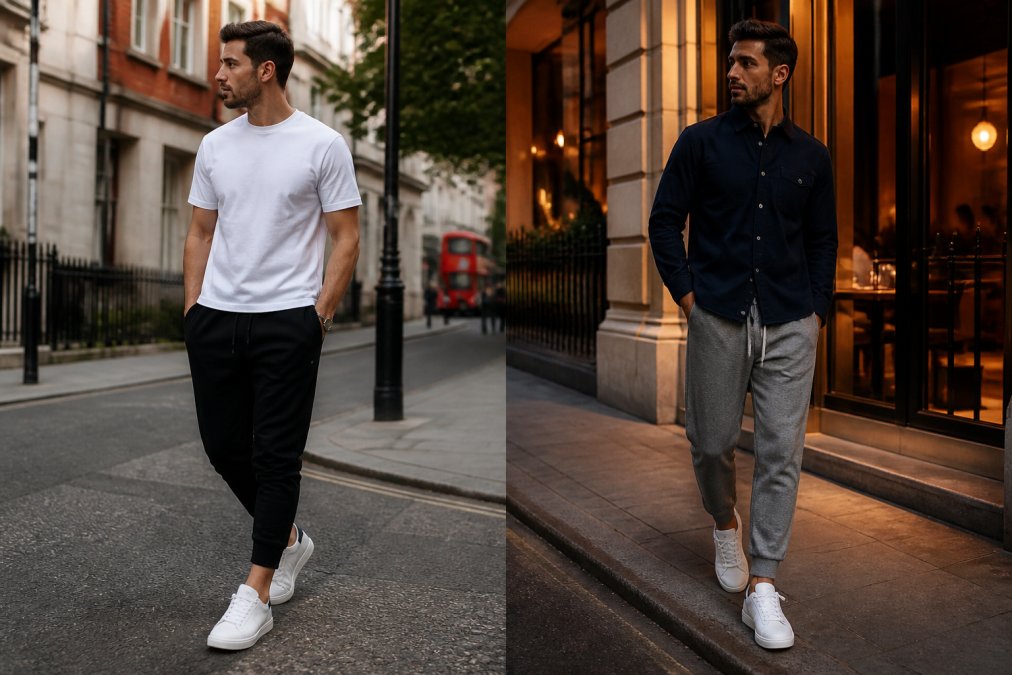 Two men side by side on a London street in natural afternoon light: the first in relaxed black joggers, a plain white tee, and clean court sneakers in a casual daytime setting; the second in tapered grey joggers, a fitted navy overshirt, and crisp white low-top trainers in a smart-casual evening setting