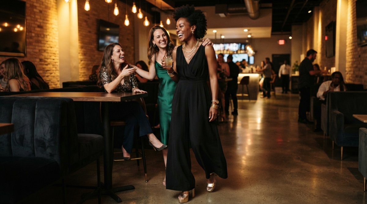 Woman wearing a wide-leg black jumpsuit with flowing fabric, styled with gold platform heels and layered gold jewelry, standing in a modern venue with warm ambient lighting