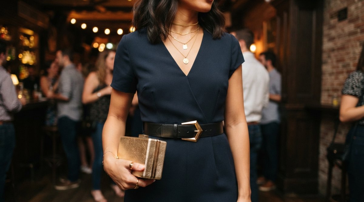 Close-up detail of a woman's torso wearing a dark jumpsuit, showing a structured belt at the waist, layered gold jewelry, and holding a small boxy clutch against her body