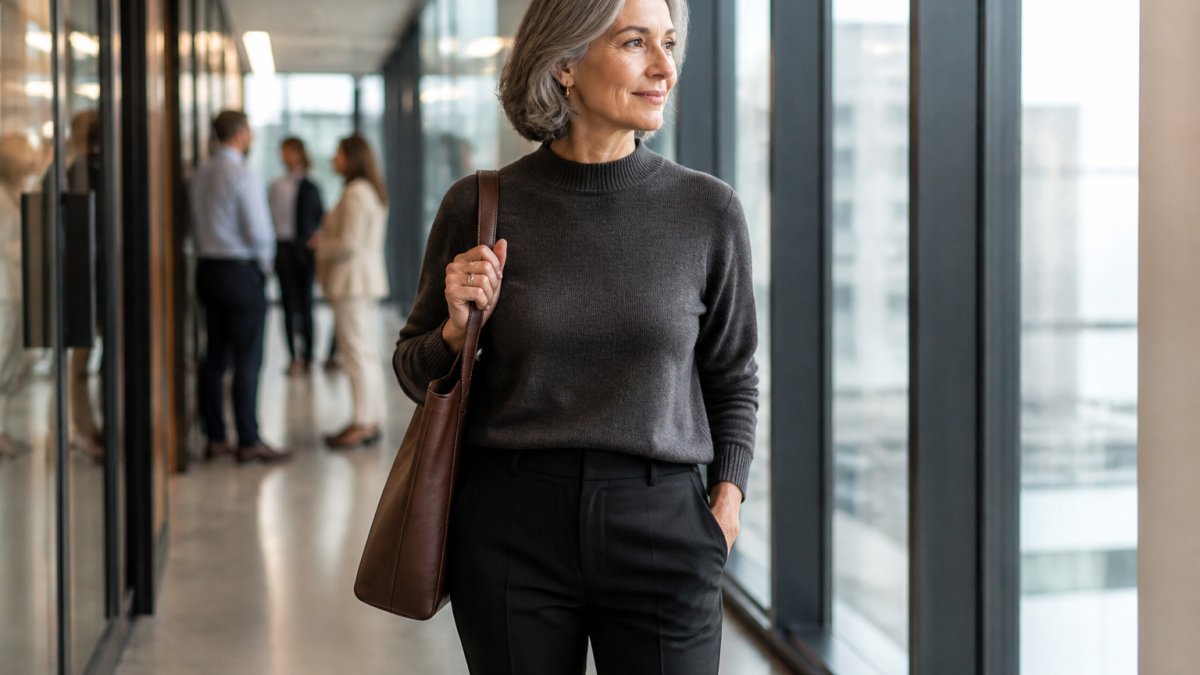Woman in a charcoal merino sweater and tailored trousers standing in a modern office with a leather tote bag