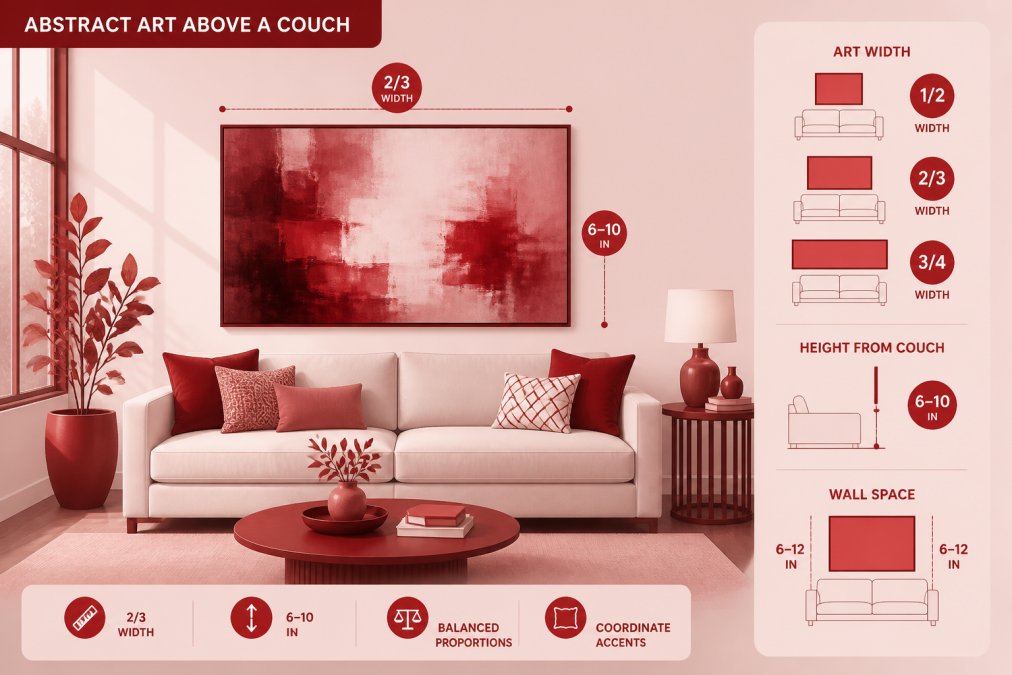 Modern living room with a large abstract canvas hung above a neutral-toned sofa, showing proper spacing with coordinating throw pillows and a side table with decorative objects, warm natural lighting from nearby windows