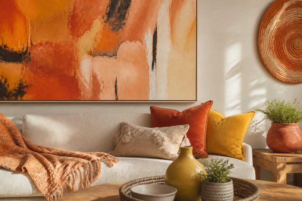 Close-up of a vibrant abstract canvas with warm terracotta and golden tones, with nearby throw blanket, decorative pillows, and wall accessories reflecting complementary accent colors in natural afternoon light