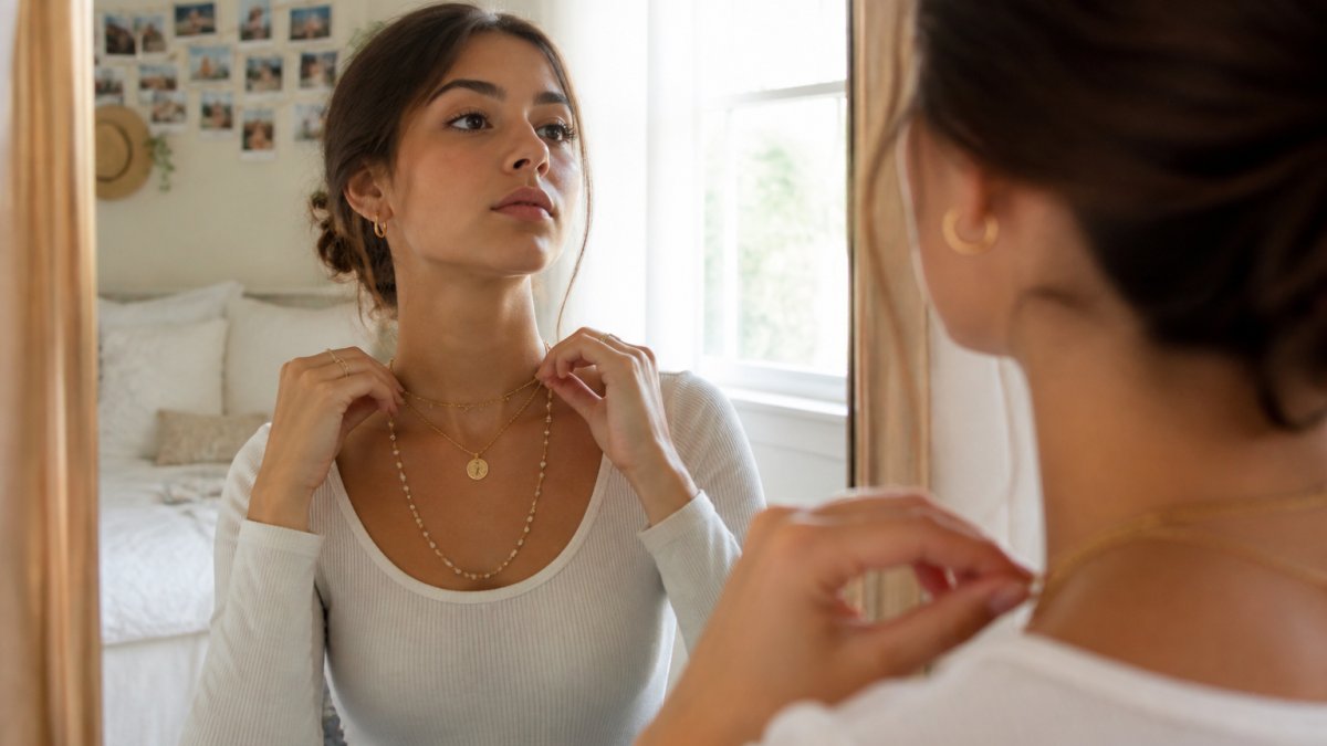 A young woman in her early twenties standing in front of a mirror adjusting a layered necklace stack of a delicate gold chain, a medium pendant, and a longer beaded layer, wearing a simple scoop-neck top in a bright bedroom with soft natural light