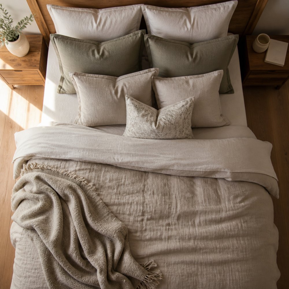 Overhead view of a bed styled with layered linen quilt cover in natural tones, flat sheet folded back, a draped throw blanket, and multiple decorative cushions arranged against a wooden headboard, showing full bedding ensemble with soft natural morning light