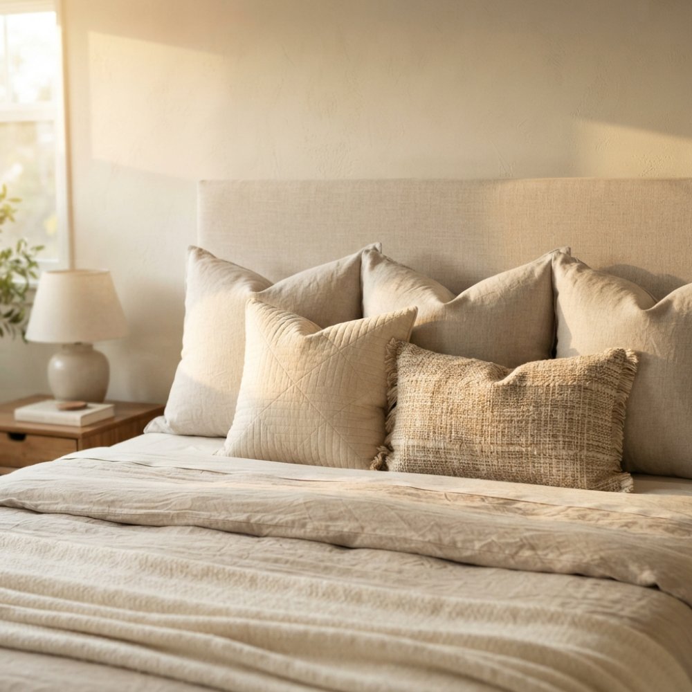Close-up of a bed's headboard area with three linen euro pillows in soft neutral tones and two decorative cushions in complementary textures arranged symmetrically, one with subtle quilting and one with woven texture, photographed in warm afternoon light