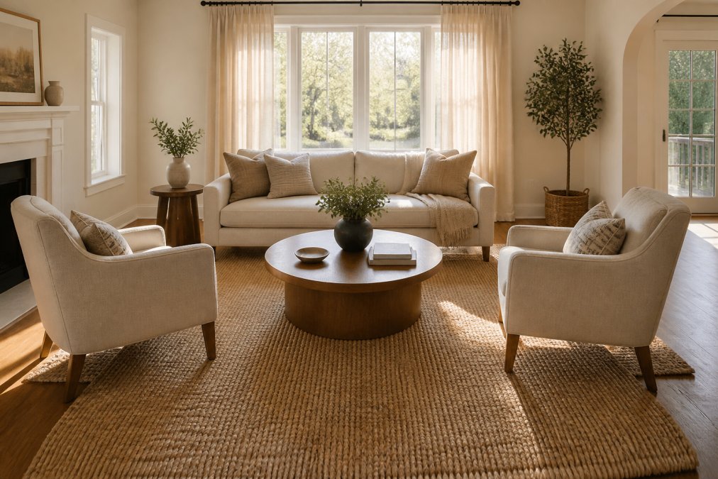 A bright, sunlit living room with a cream sofa and two upholstered armchairs arranged around a round wooden coffee table, a large woven area rug underneath all seating, with clear open pathways on each side and warm afternoon light coming through linen curtains