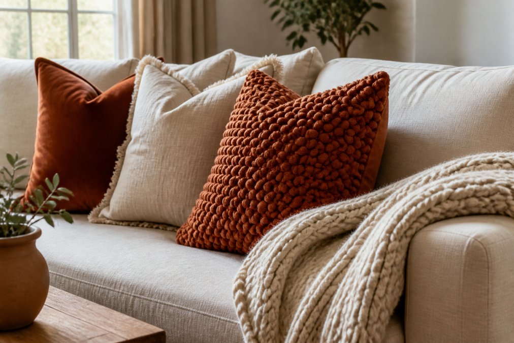 Close-up of a styled sofa corner with layered throw pillows in velvet, linen, and chunky knit textures in warm terracotta and cream tones, a folded chunky knit throw blanket draped over the armrest, soft natural light from a nearby window