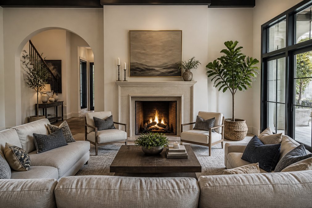 Modern living room with a fireplace as the focal point, featuring a sectional sofa and armchairs arranged in a conversational layout facing the fireplace, with a wooden coffee table anchoring the seating arrangement and warm ambient lighting