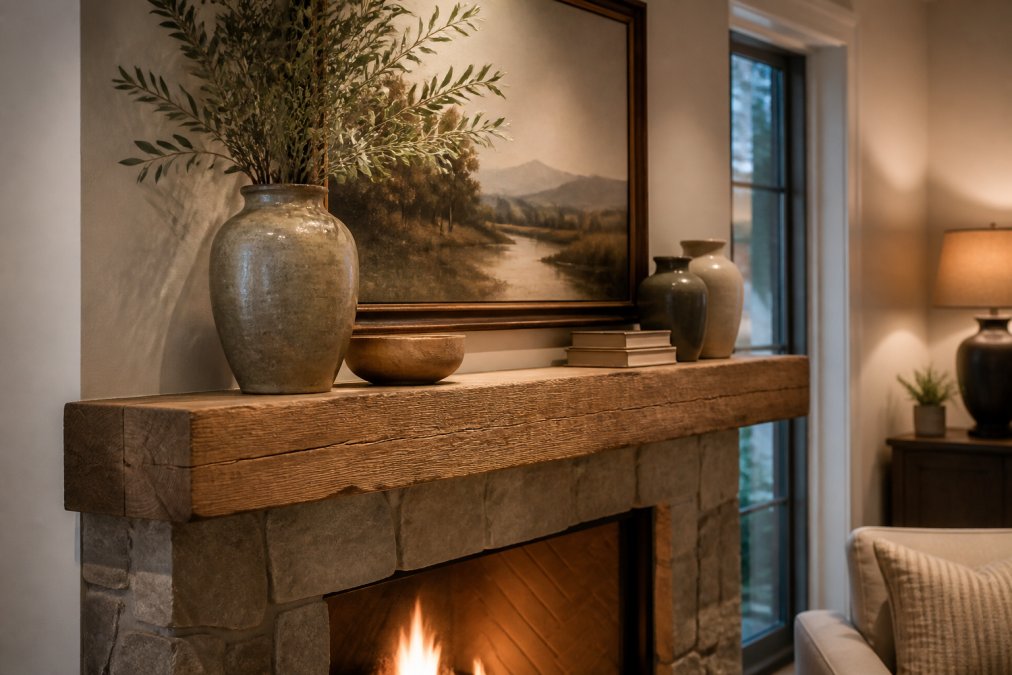 Close-up of a styled fireplace mantel with layered textures including natural wood, ceramic vessels, framed artwork, and warm accent lighting creating visual depth and depth perception