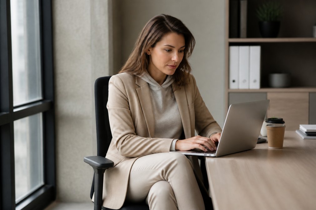 Professional woman wearing a soft loungewear top paired with a structured blazer and tailored trousers, seated at a modern desk with laptop and coffee