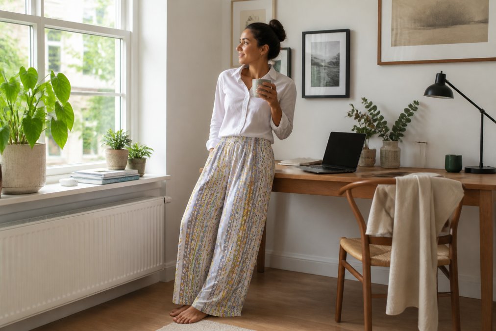 Woman wearing wide-leg lounge pants with a fitted button-down top, standing in a home office with natural lighting, demonstrating a polished work-from-home look