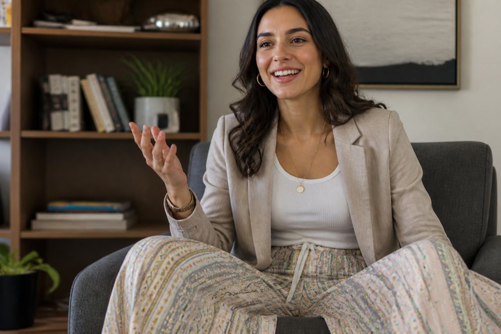 Woman in layered loungewear outfit with a structured blazer, neutral-toned matching set, and polished accessories, shown from the torso up as if on a video call