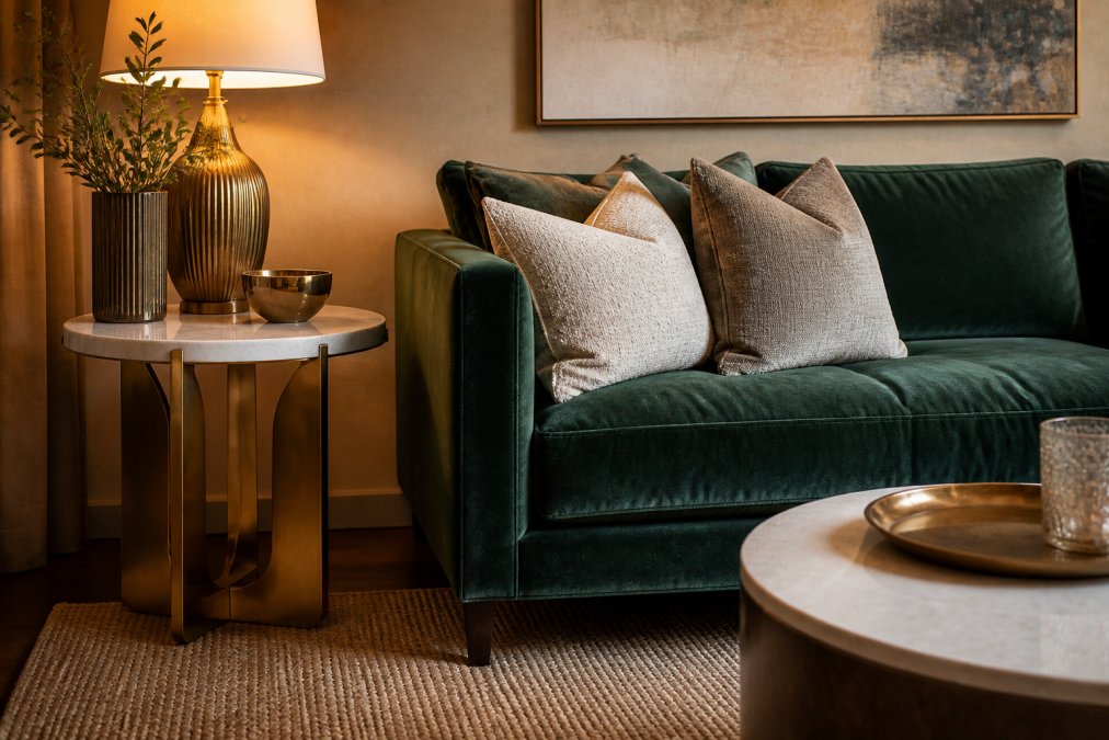 Sophisticated living room interior with a jewel-toned velvet sofa in emerald, paired with textured linen throw pillows in cream and warm gray, a polished marble side table with sculptural brass base, a woven jute area rug layered beneath, and warm ambient lighting casting soft shadows on textured wall surfaces