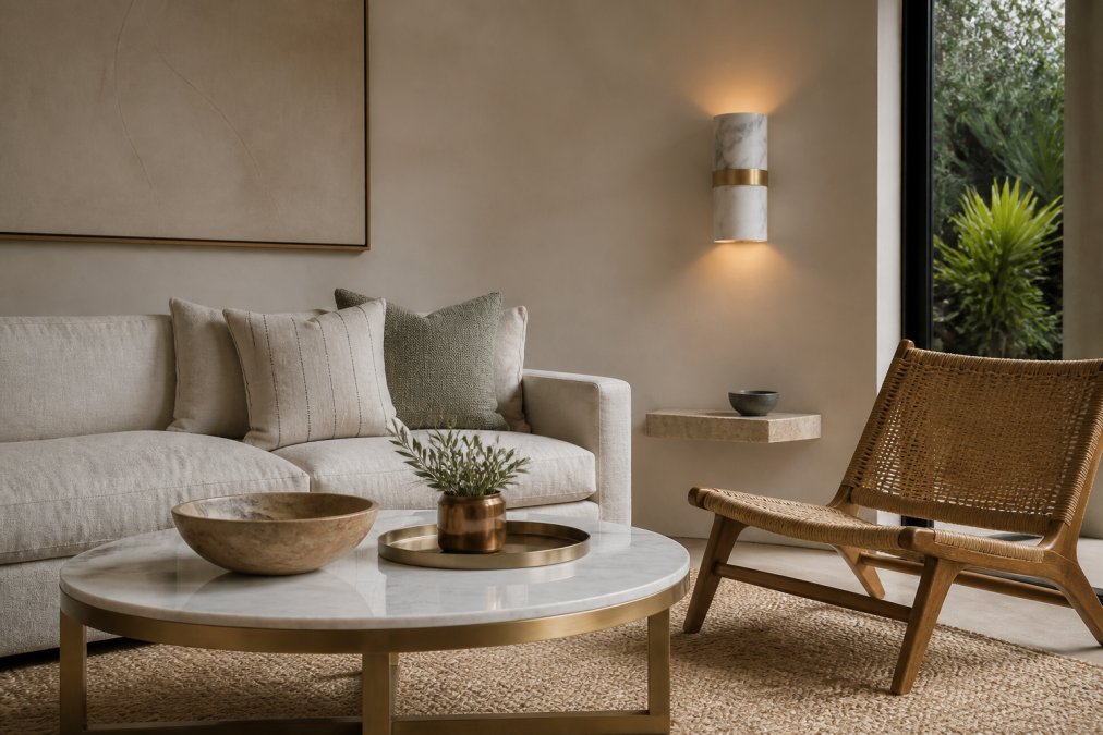 Infographic showing material selection guide for luxury living rooms with marble, brass, linen, and rattan textures.