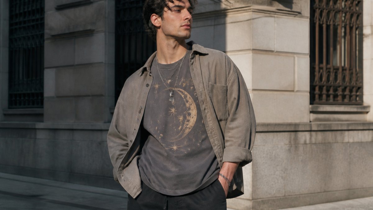 Young adult wearing an oversized celestial graphic tee under a neutral jacket in a sunlit urban setting.