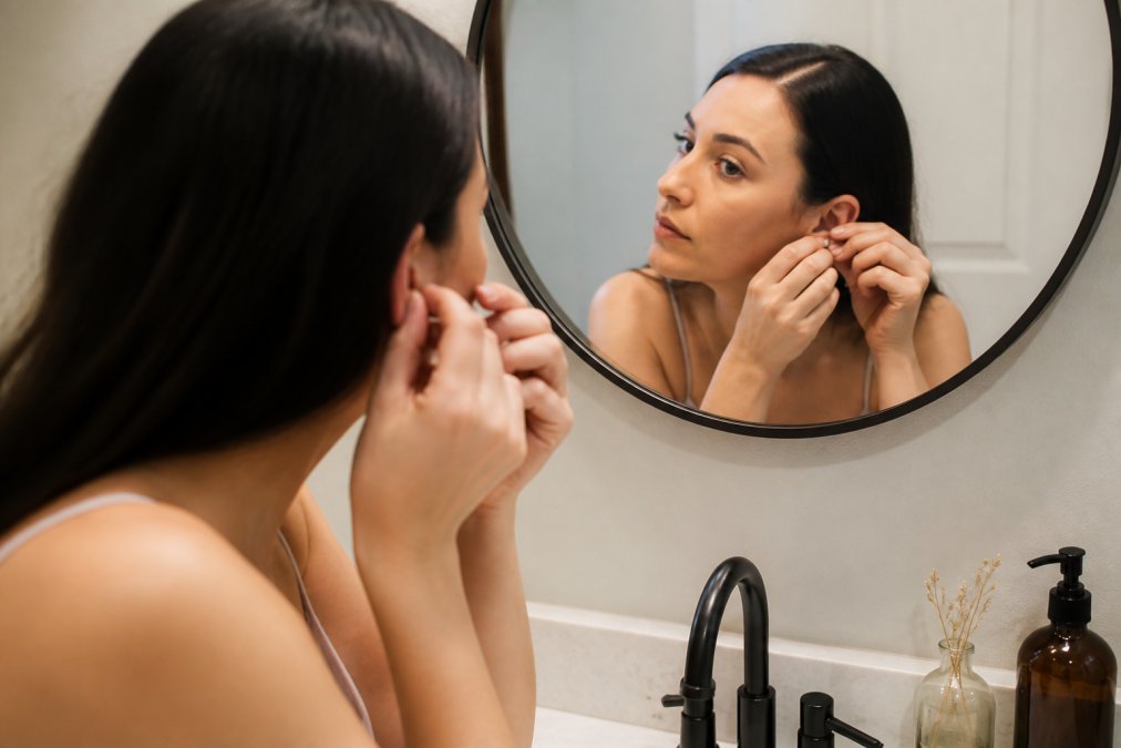 Close-up of a woman's hands gently positioning a small magnetic clip onto her earlobe in front of a mirror, soft bathroom lighting, minimal jewelry visible on the counter