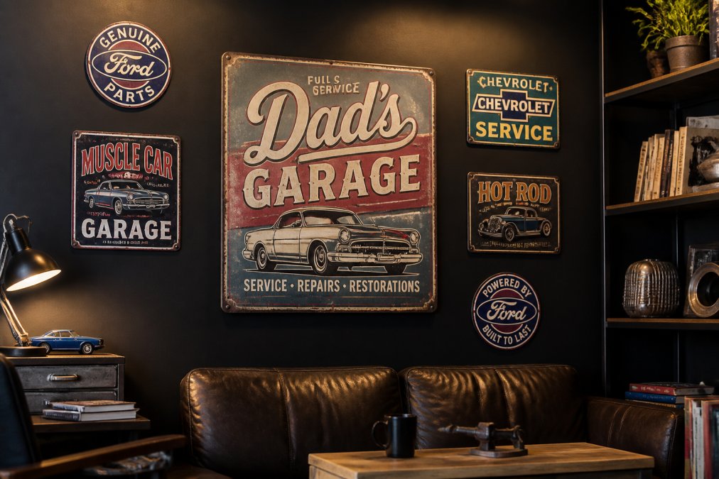 Well-organized man cave with multiple metal signs arranged strategically on a dark wall, showing a large vintage garage sign as focal point with smaller automotive signs positioned asymmetrically around it, warm lighting highlighting the signage