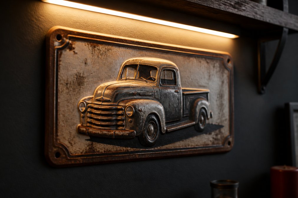 Close-up of a vintage metal sign illuminated by warm LED strip lighting mounted on a dark charcoal wall, showing how the lighting creates depth and highlights the sign's dimensional details and metallic finish
