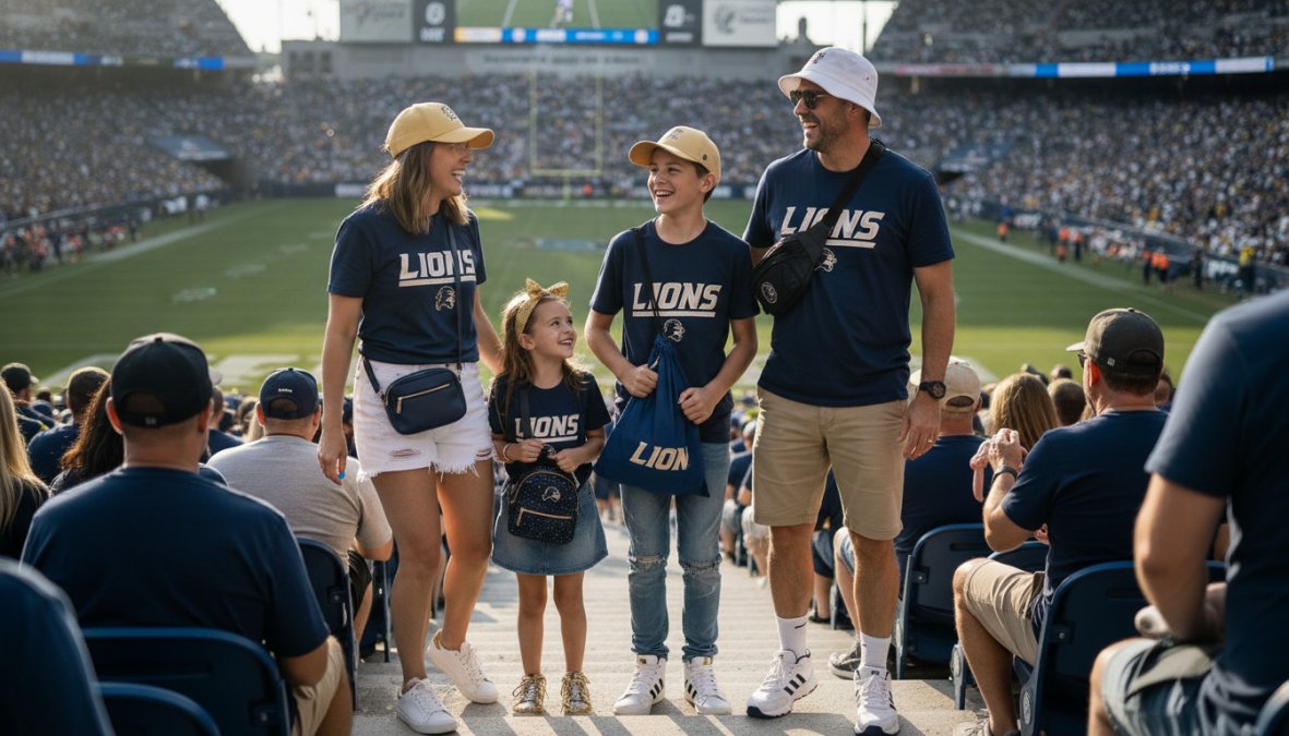Family of four at a stadium wearing matching team t-shirts with coordinated accessories including sneakers, baseball caps, and crossbody bags, showing how to accessorize game day outfits together