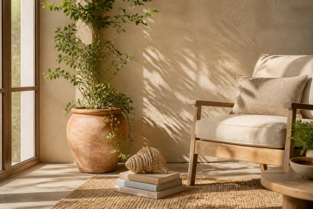 Sun-drenched living room corner featuring mediterranean home decor with a limewashed wall, linen chair, and jute rug.