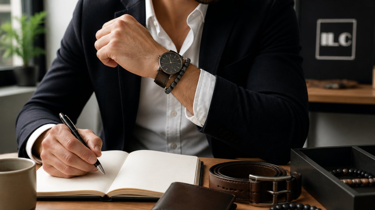Close-up of a man's wrist wearing a leather-strap watch alongside a beaded stone bracelet, resting on a wooden desk in a well-lit office setting, the two pieces sitting side by side on the same wrist