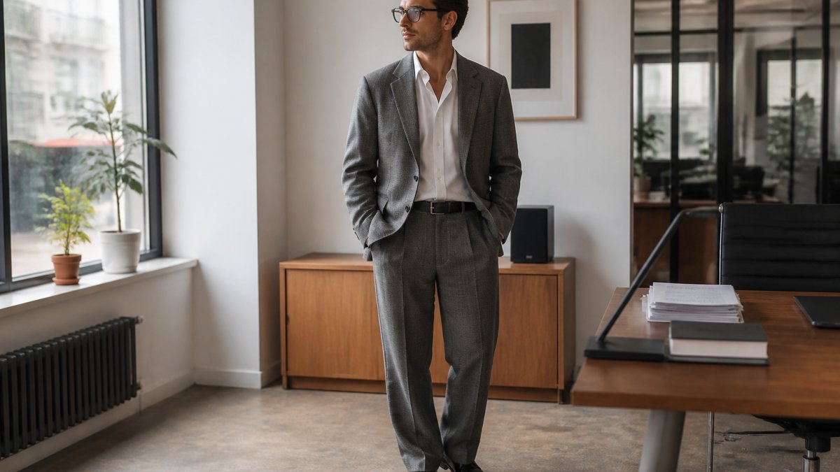 Man wearing a relaxed-fit suit with textured fabric and straight-legged trousers in natural light
