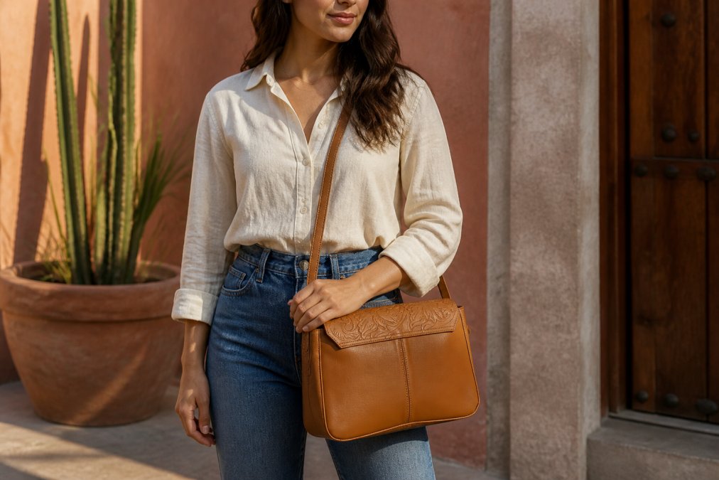 Woman wearing a hand-tooled leather crossbody bag with a cream linen shirt and high-waisted denim jeans, standing in natural sunlight with warm earth-toned background