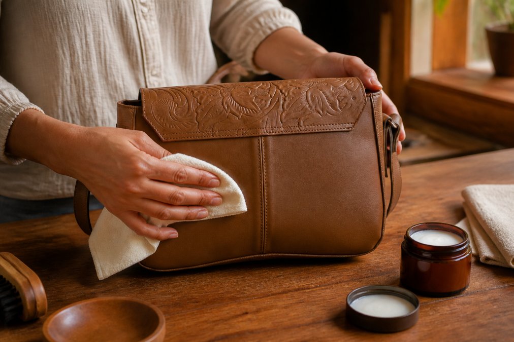 Hands gently cleaning a genuine hand-tooled leather bag with a soft microfiber cloth and leather conditioner on a warm wooden surface with natural afternoon light