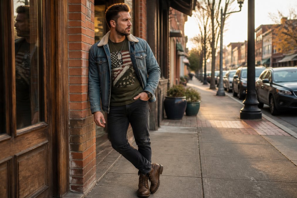 A man in a military graphic tee paired with a denim jacket and boots, standing confidently in an urban setting with warm afternoon light