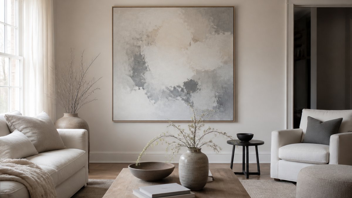 Minimalist living room with cream walls, neutral furniture, and a large abstract painting in soft grays and whites creating visual balance through negative space and muted tones
