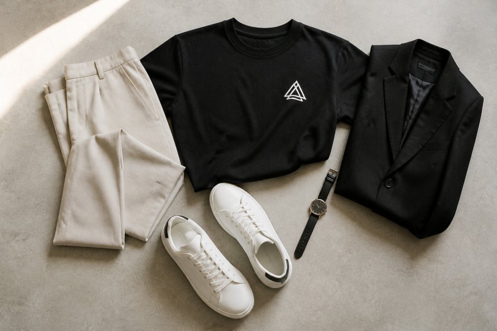 Flat lay of coordinated minimalist clothing pieces including a graphic tee with small geometric logo, neutral bottoms, a blazer, simple white sneakers, and a minimal watch arranged on a light background