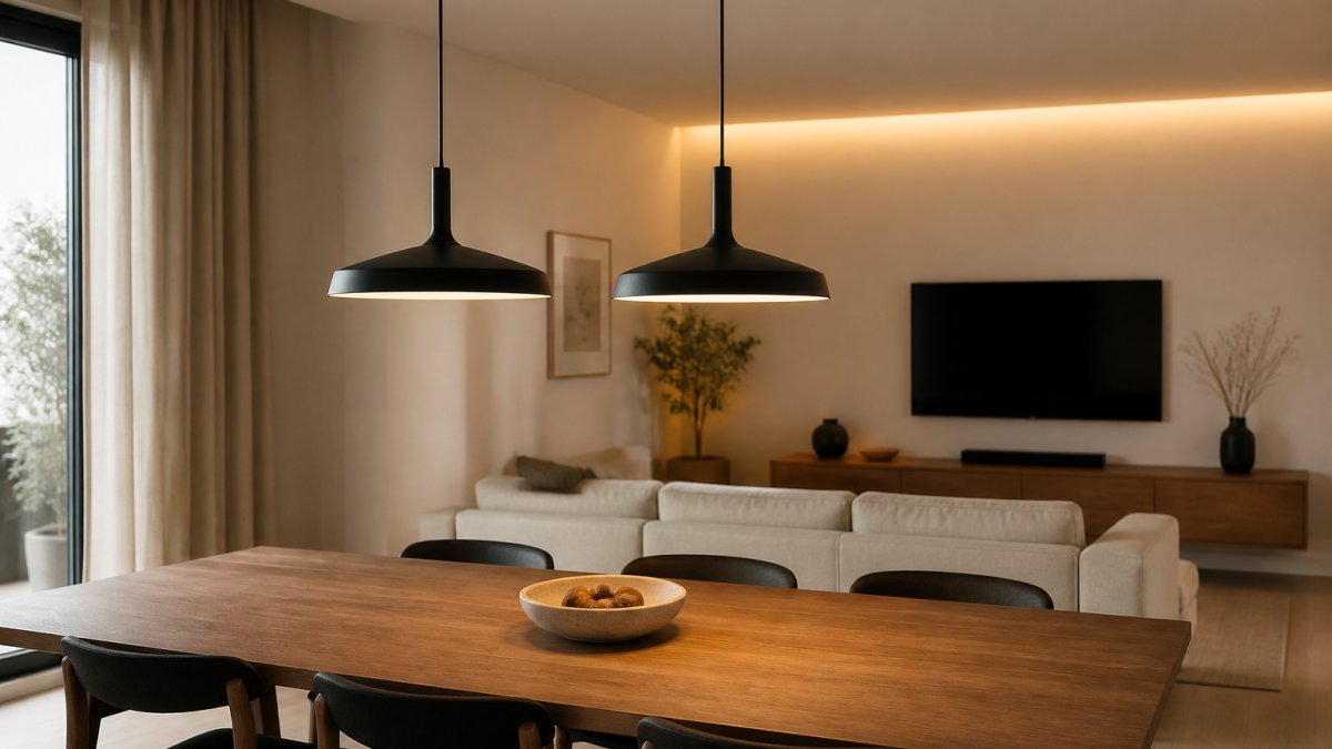 Serene modern living room with minimalist pendant lighting suspended above a wooden dining table, featuring clean-lined fixtures in matte black, neutral tones throughout, and uncluttered open space with soft warm light