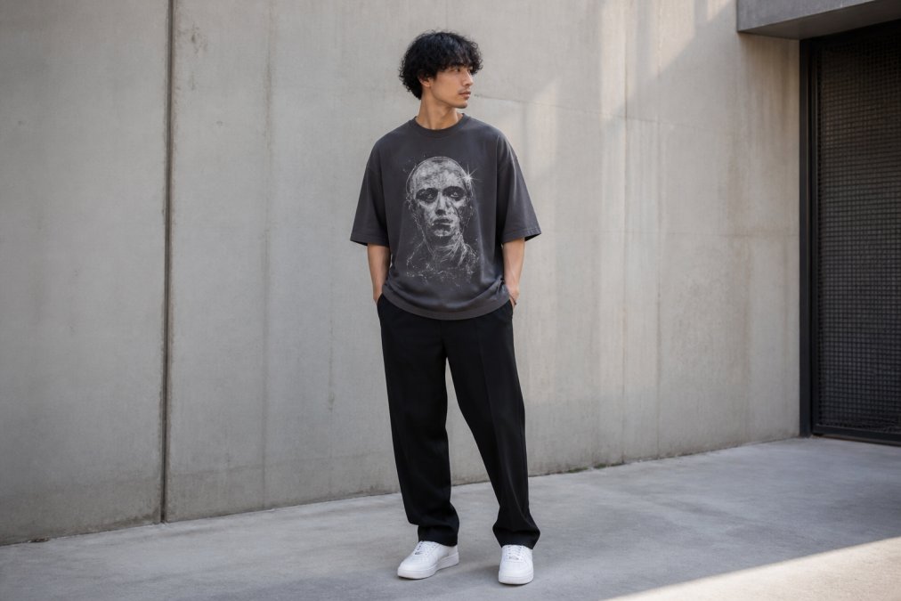A man wearing an oversized, heavyweight charcoal graphic t-shirt paired with straight-leg black trousers and minimalist white leather trainers, standing against a plain concrete wall in soft daylight