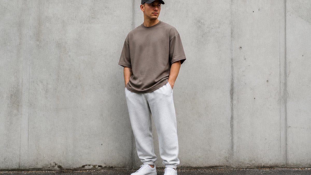 A man in a neutral oversized heavyweight cotton tee, relaxed-fit joggers, and clean white sneakers standing against a plain concrete wall, natural daylight, full-body shot showing balanced proportions