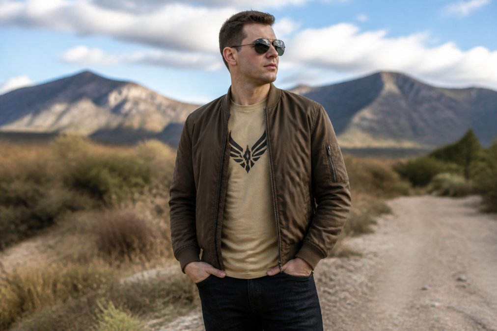 Airman wearing a desert sand squadron shirt layered under a bomber jacket and dark jeans outdoors