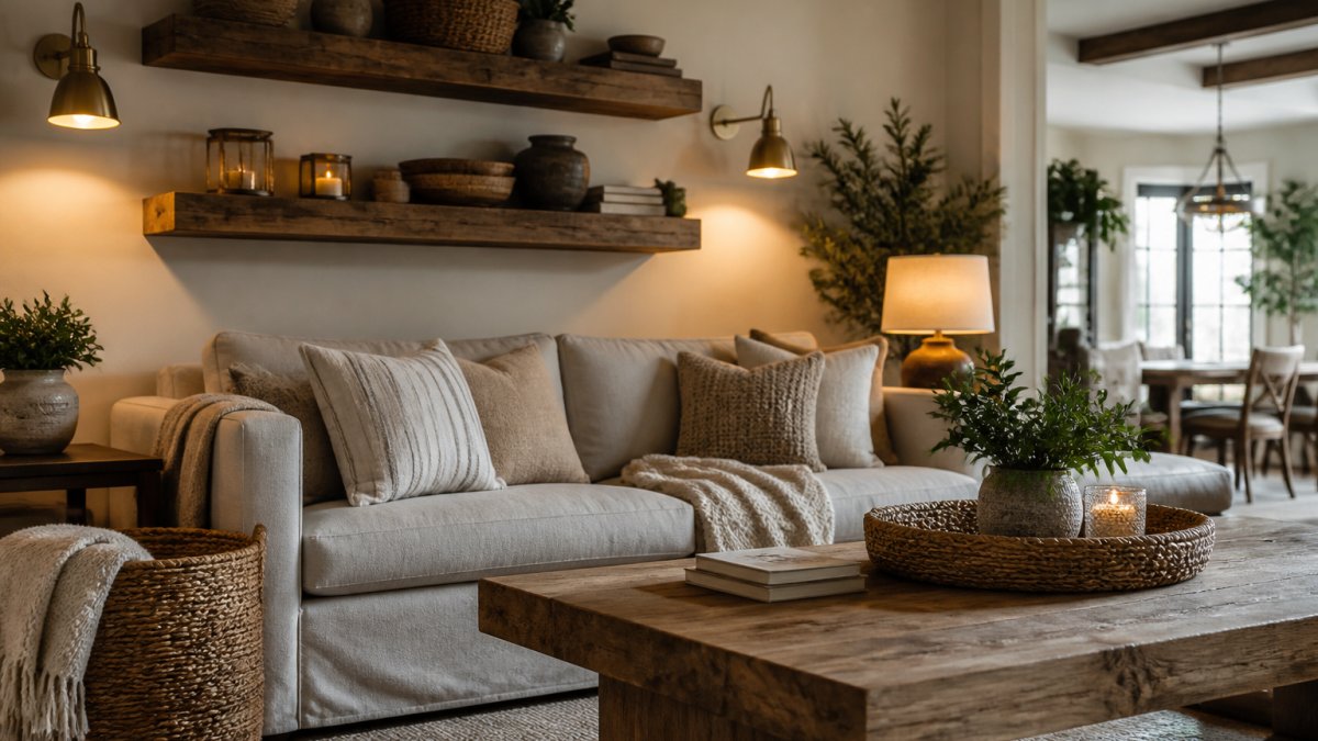 Cozy modern rustic living room with reclaimed wood floating shelves, neutral linen sofa, layered woven baskets, warm ambient lighting from brass fixtures, and natural wood coffee table on soft area rug