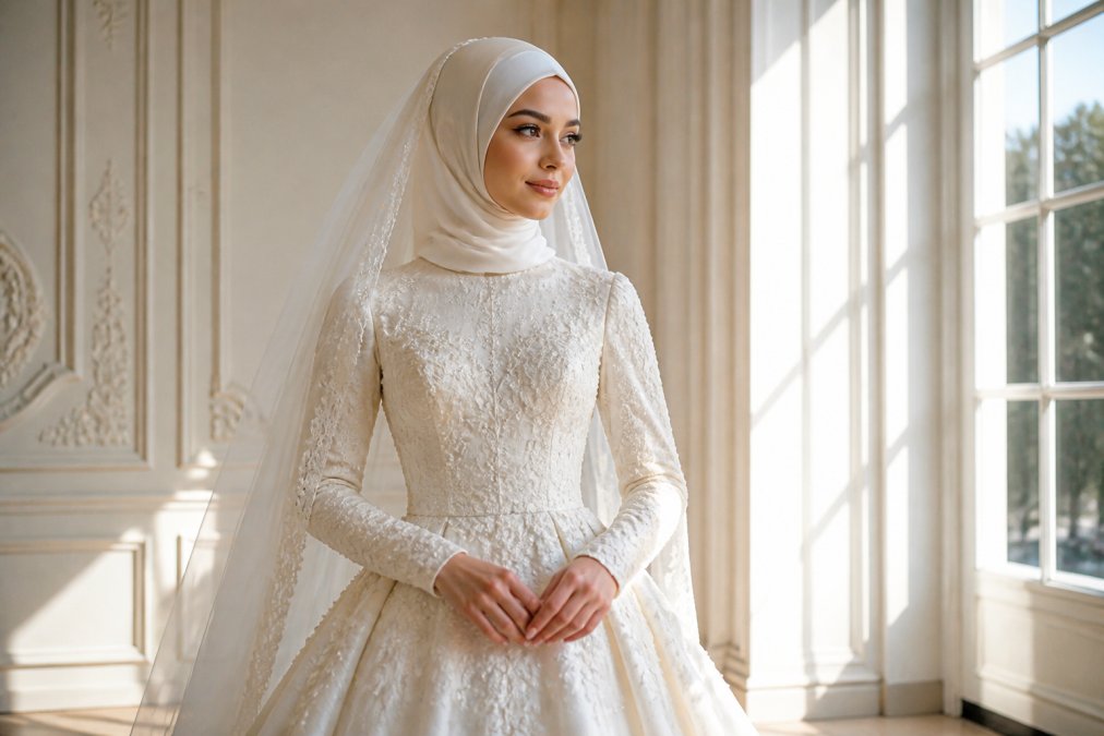 Bride wearing an elegant modest wedding gown with long sleeves, high square neckline, and delicate lace appliques in soft ivory, standing in natural window light