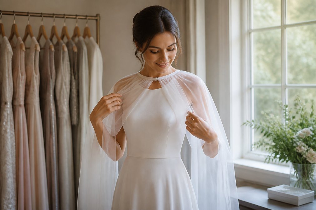 Woman elegantly layering a flowing tulle cape over a sleeveless modest wedding dress, adjusting the cape gracefully with her hands in soft natural lighting