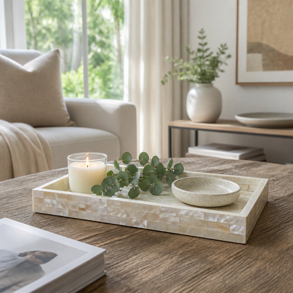 Infographic illustrating a step-by-step process for styling a decorative tray on a coffee table with accessories.