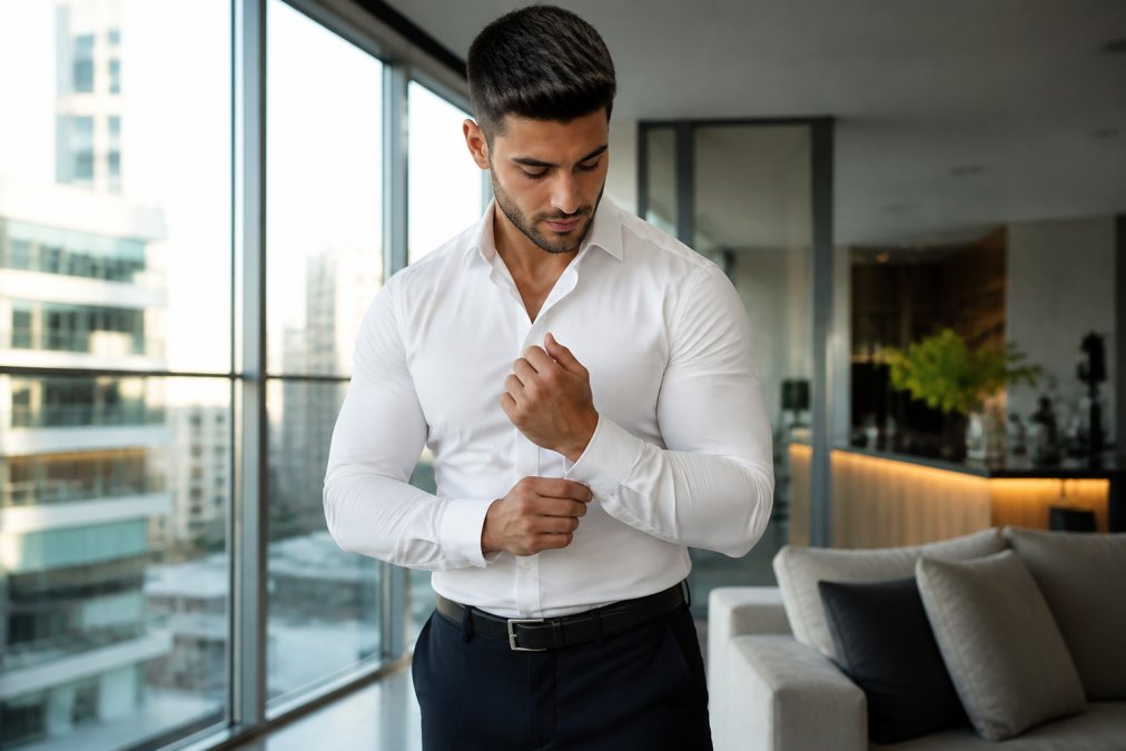 Infographic showing styling steps for muscle fit shirts in smart-casual outfits