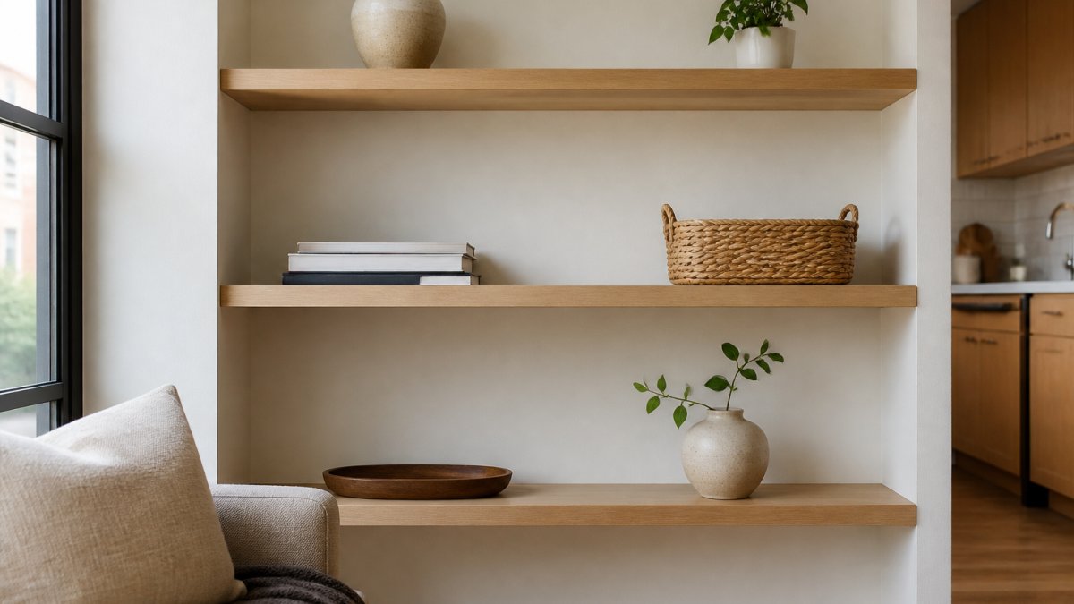Handmade ceramic vase, stacked books, and a raffia basket arranged with intentional empty space on an open shelf.