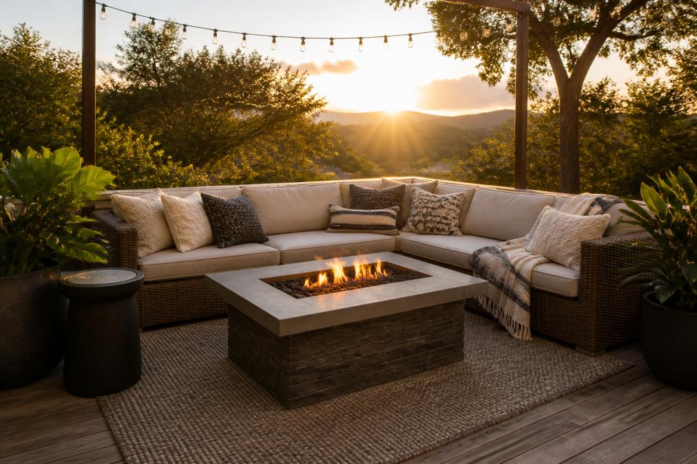 Well-appointed outdoor patio with a substantial rattan sectional sofa arranged around a fire pit table, layered with textured throw pillows and blankets, ambient string lighting overhead, lush green planters flanking the seating, evening golden hour lighting creating warm shadows